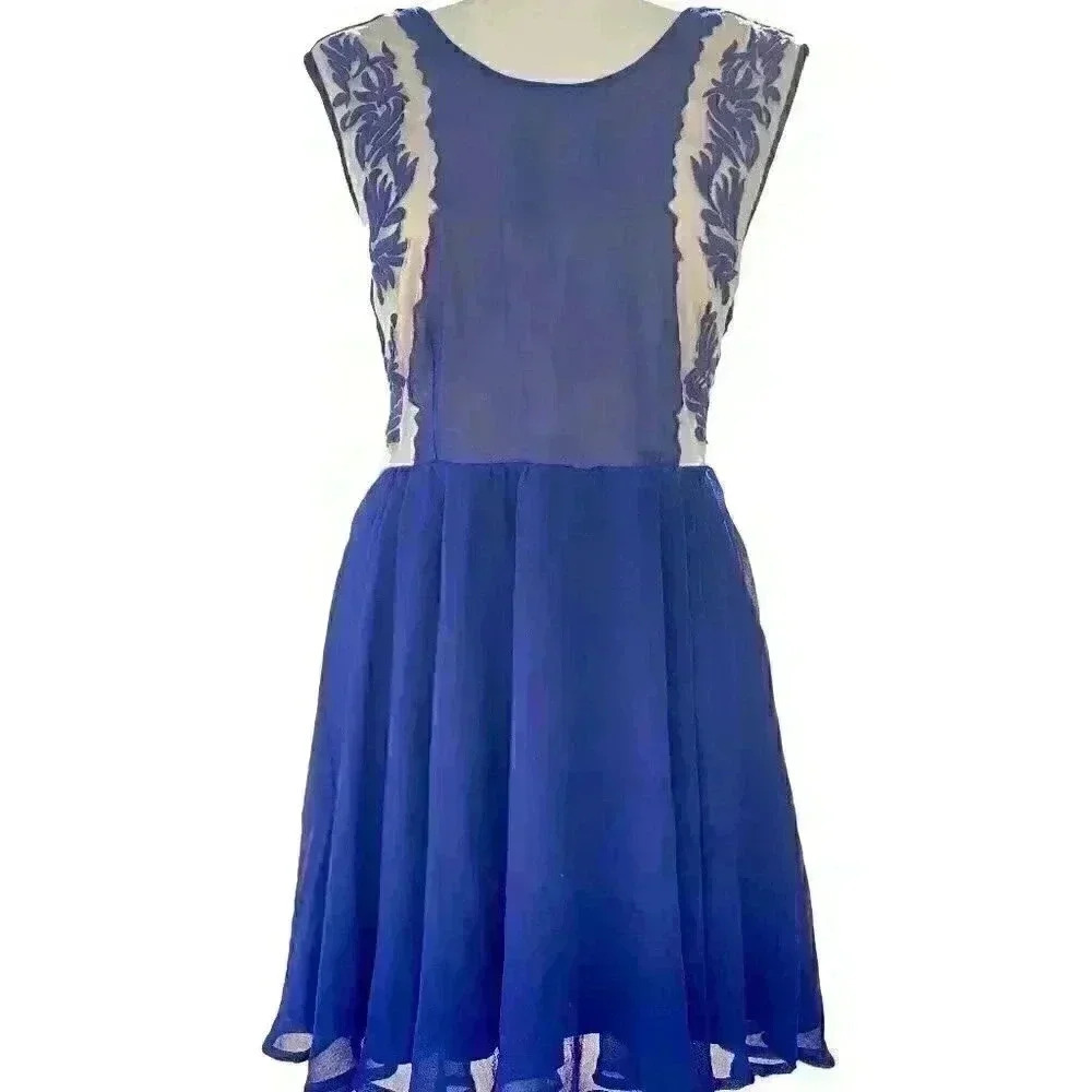 Urban Outfitters Pins and Needles Embroidered Royal Blue Deep V back Flowy Dress - Picture 3 of 12